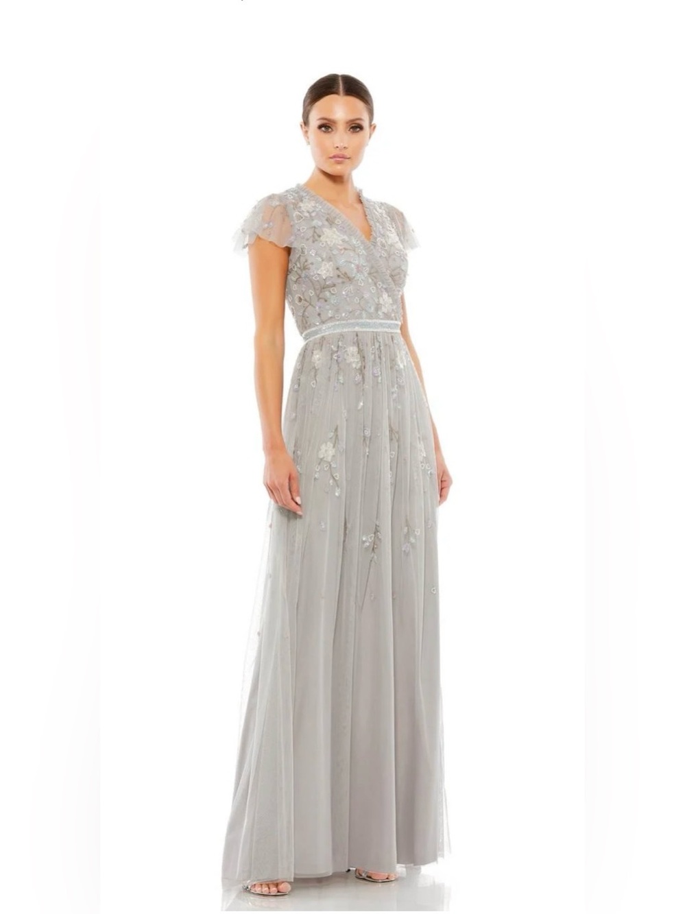 Mac Duggal Silver Gray Embroidered V-Neck Maxi Gown NWOT